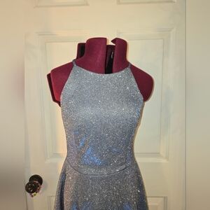 B. Darlin 5/6 Blue Glittery Lace Back Halter Mini Dress